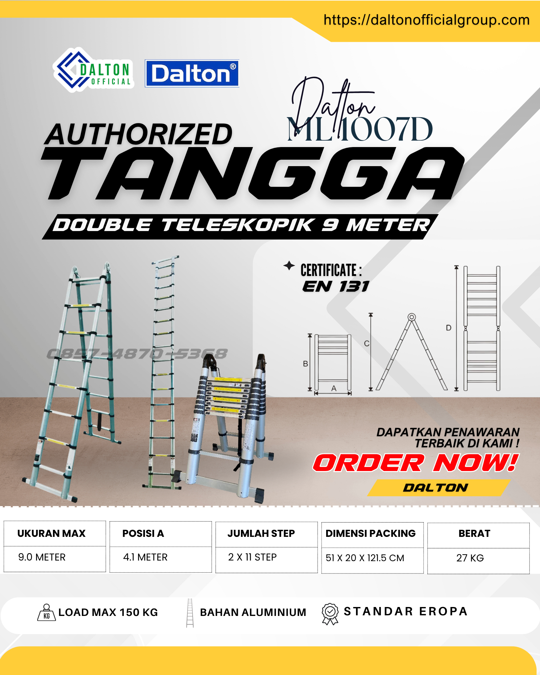 Tangga Double Teleskopik 9 Meter DALTON - Double Telescopic Ladder 9 Meter ML-1007D