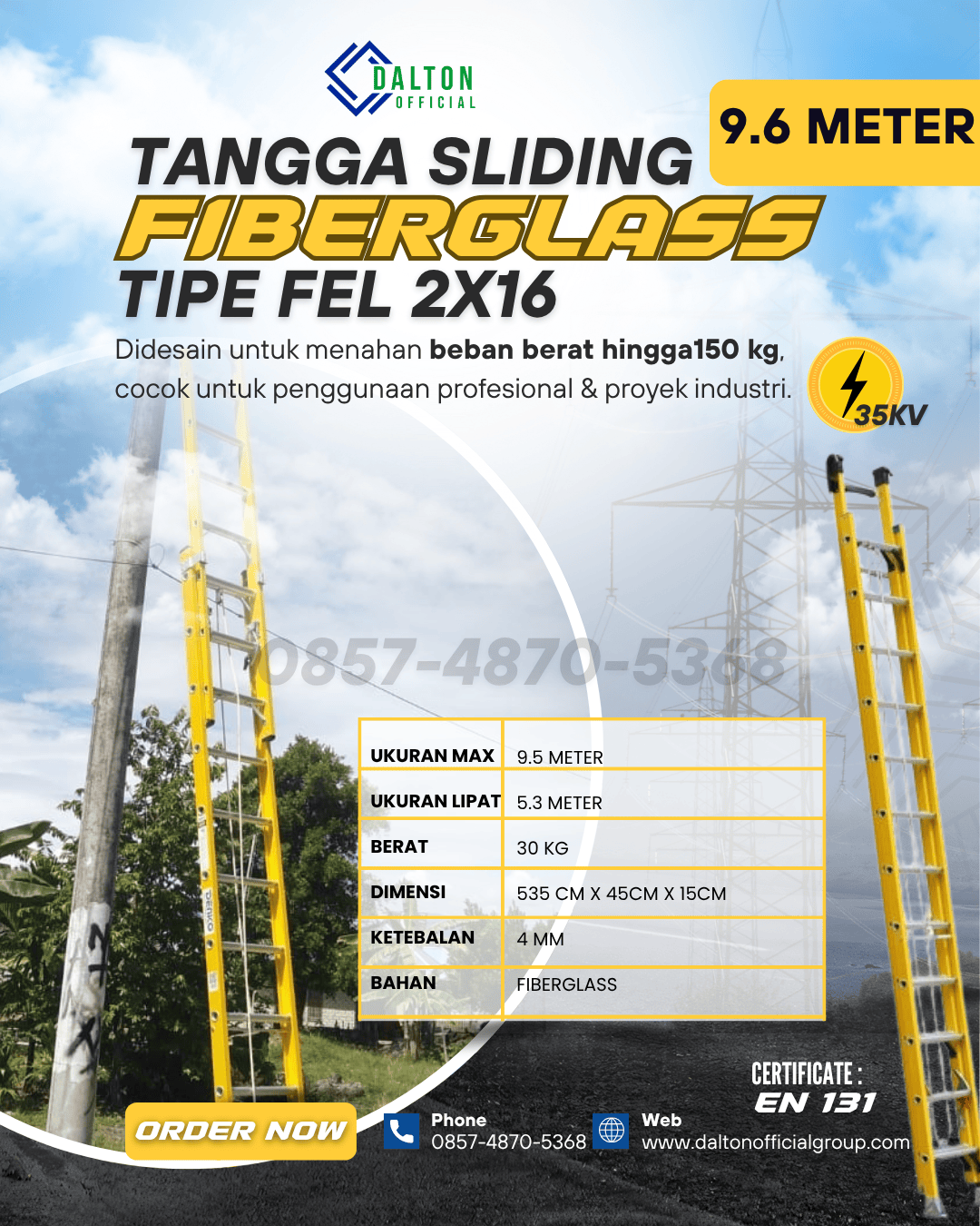 Harga Tangga Fiberglass PLN Sliding 9.6 Meter FEL 2x16 (Official)